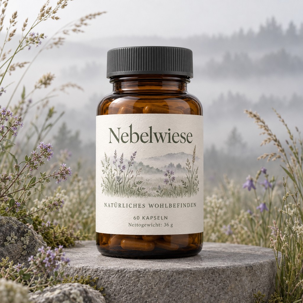 Nebelwiese in einer Produktaufnahme mit lesbarem Etikett